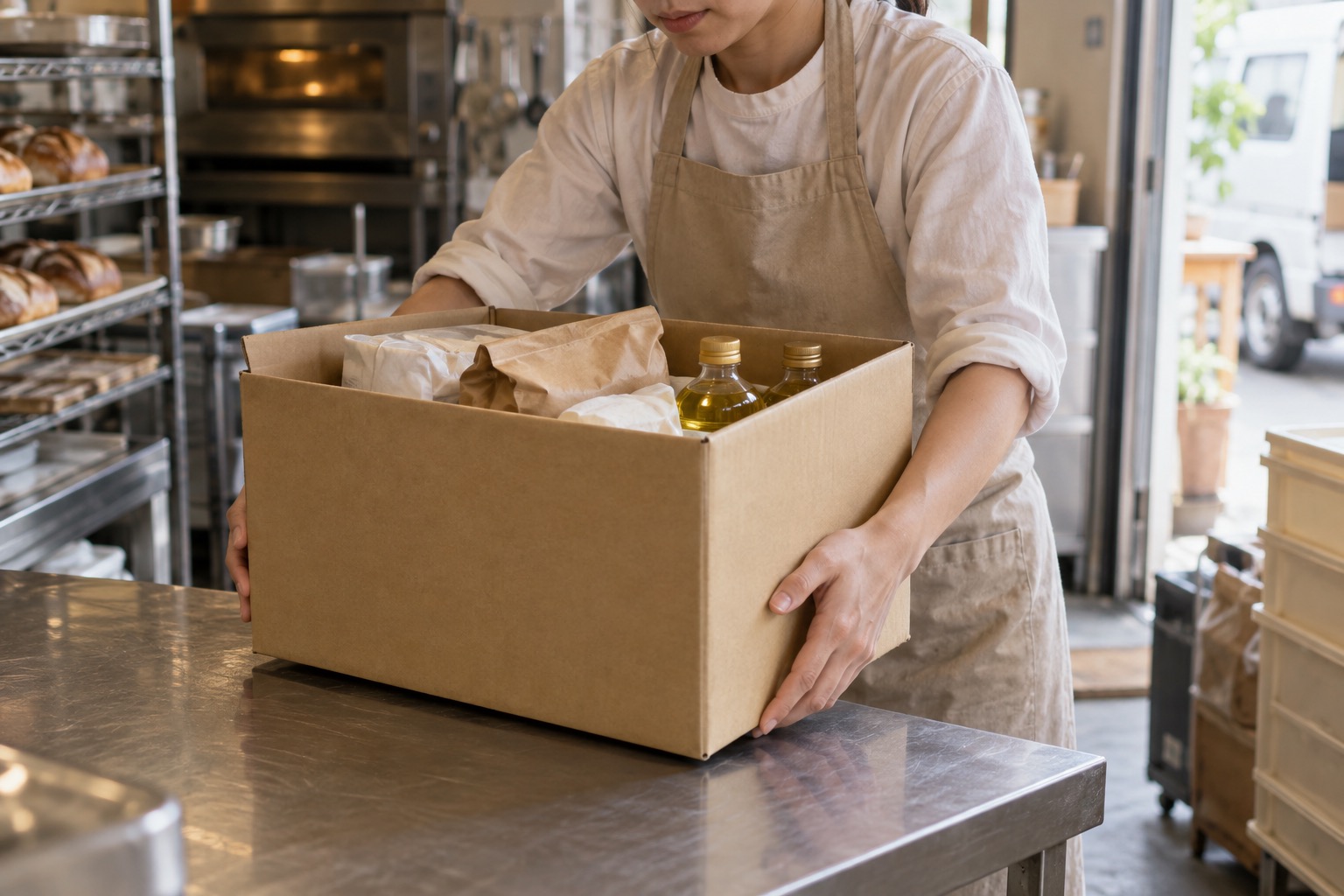 パン店で食用油などの原材料が入った箱を受け取る店員のイメージ