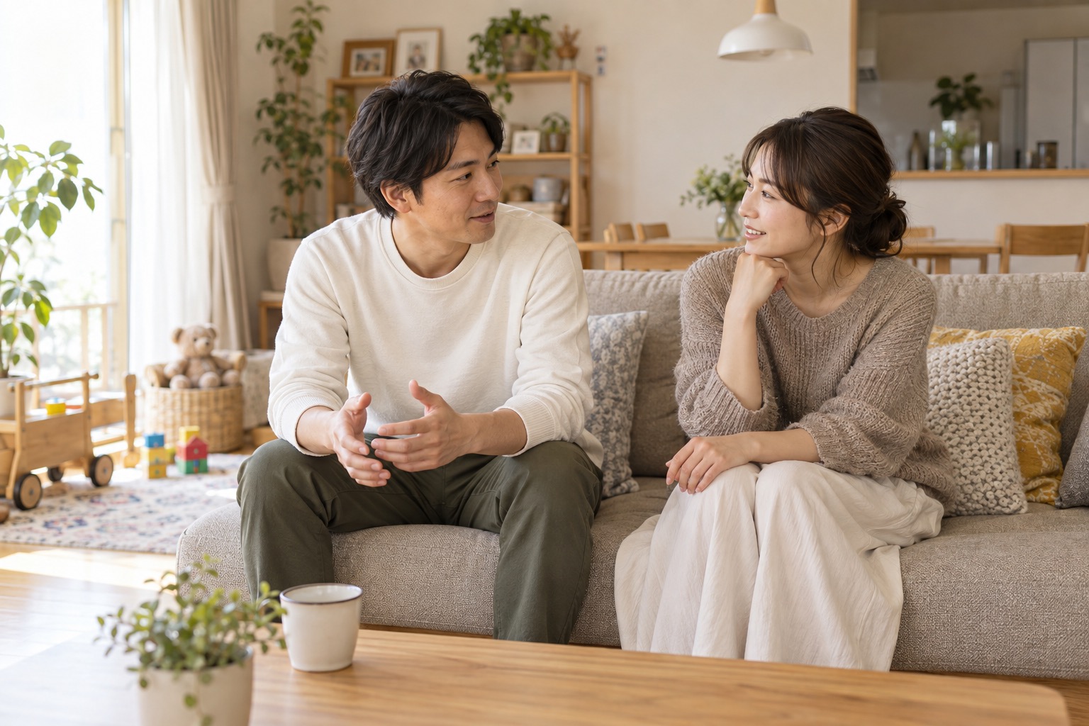 自宅リビングのソファで落ち着いて相談する子育て中の成人2人の編集部イメージ