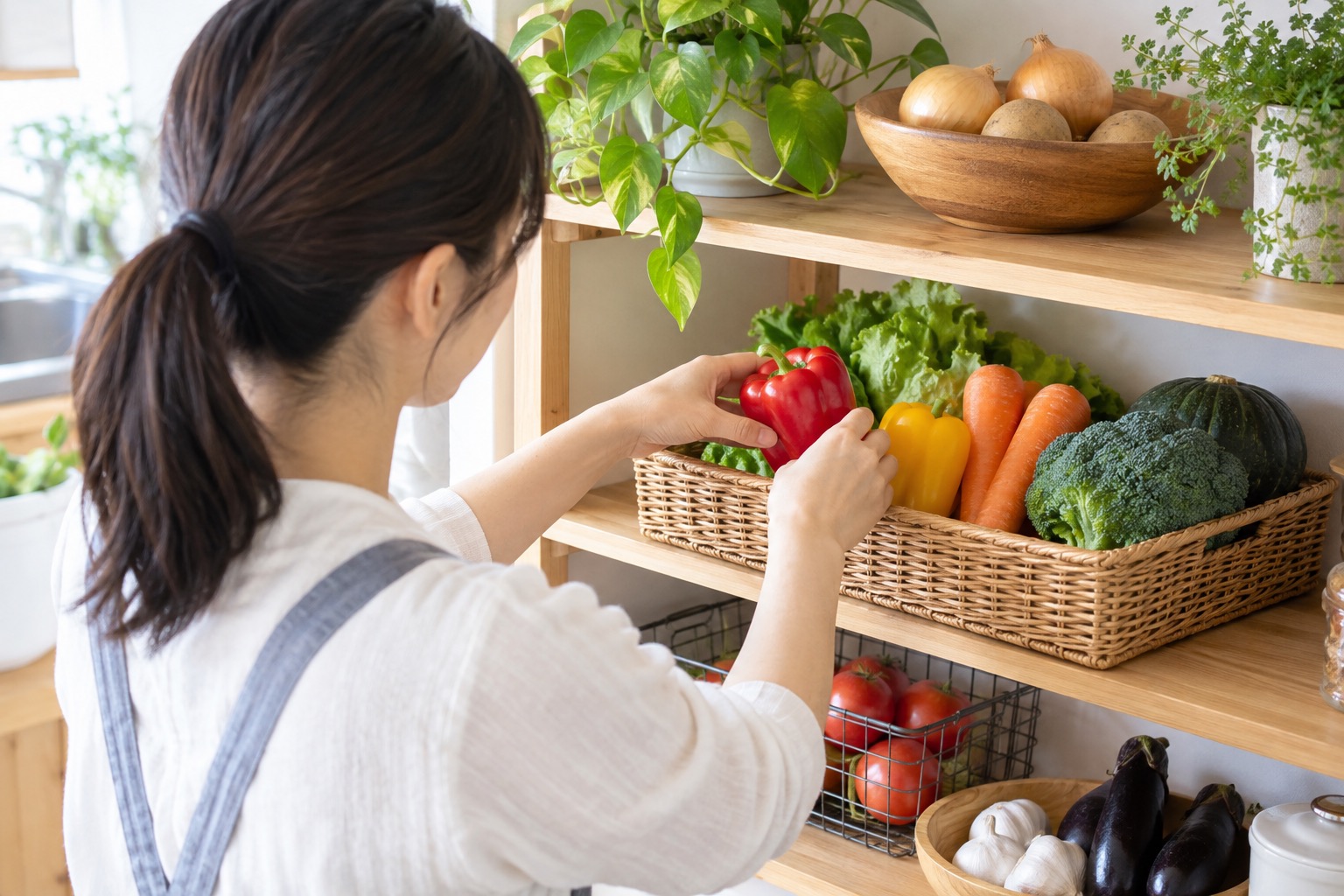 日本の台所で食品を棚へ仕分ける生活者を肩越しに撮った編集部イメージ