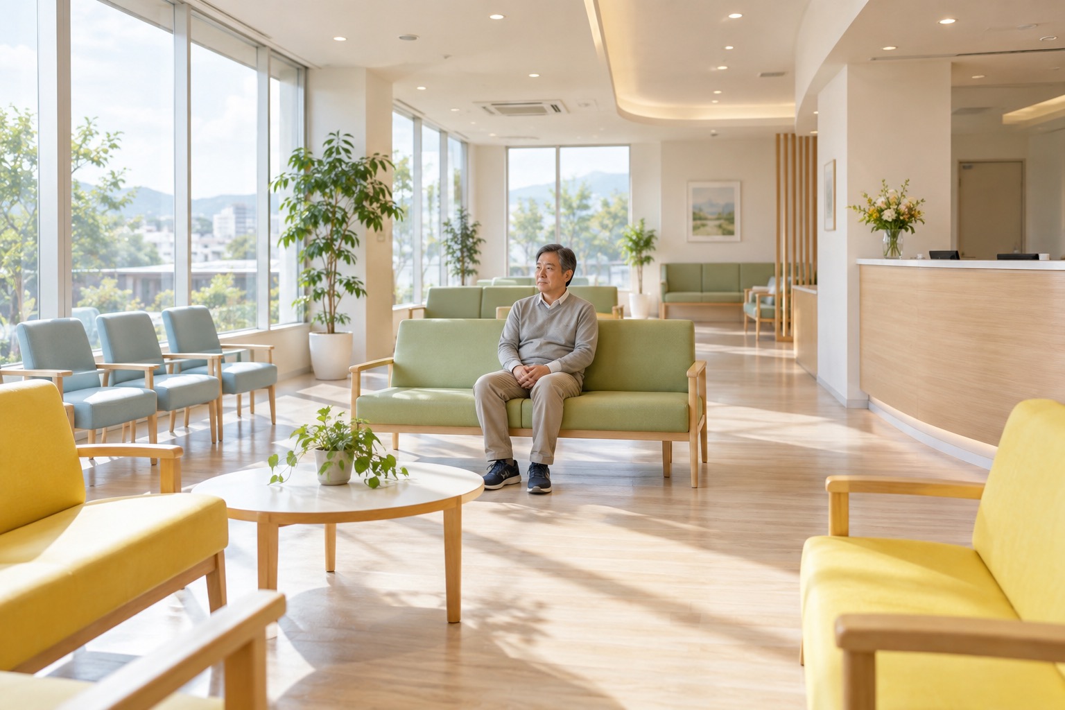 明るい外来待合室の中央で、穏やかに座って待つ成人。通院の場を表した編集部イメージ。