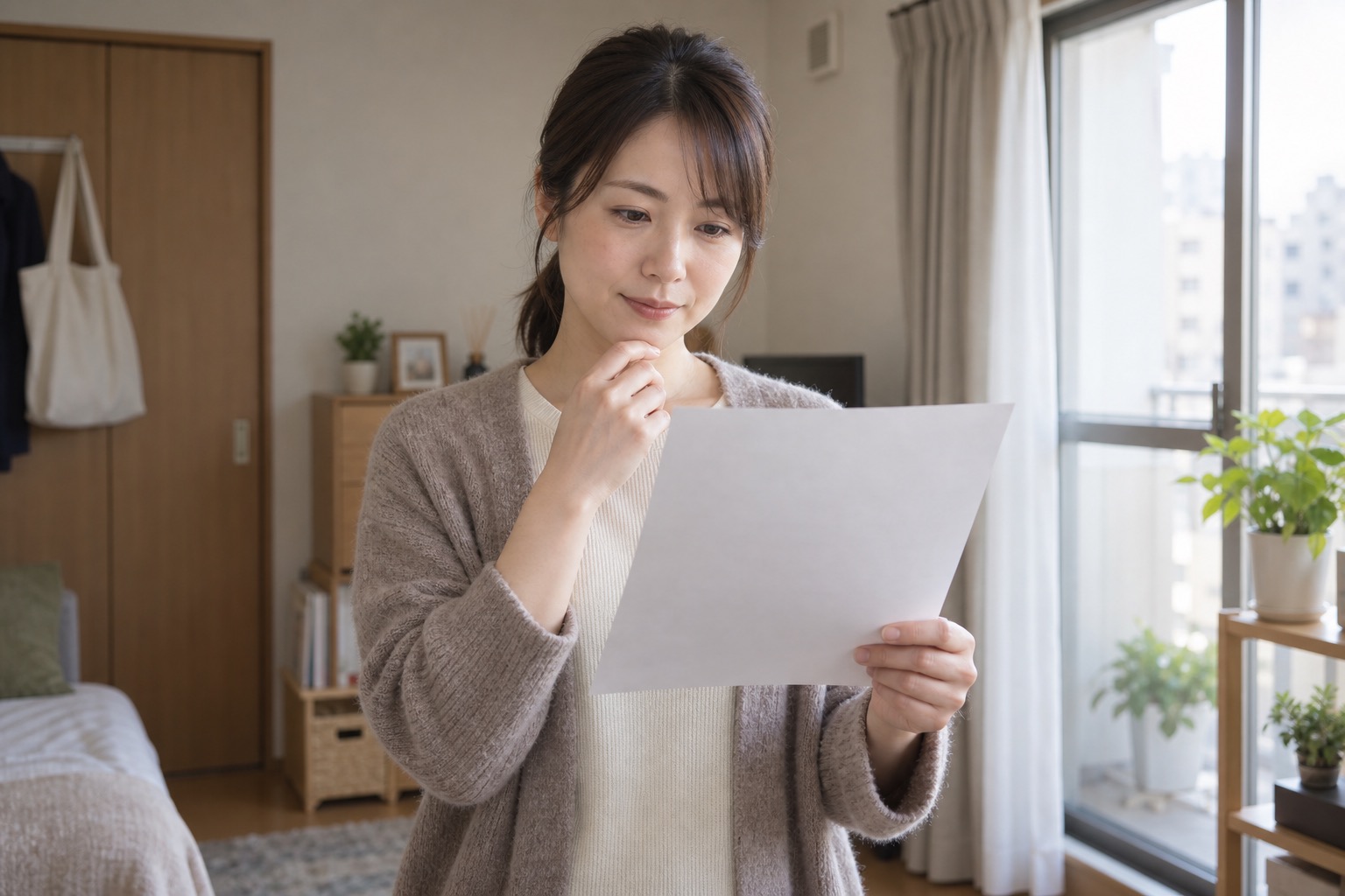 小さな賃貸住宅の窓辺で紙を手に落ち着いて考える成人の編集部イメージ