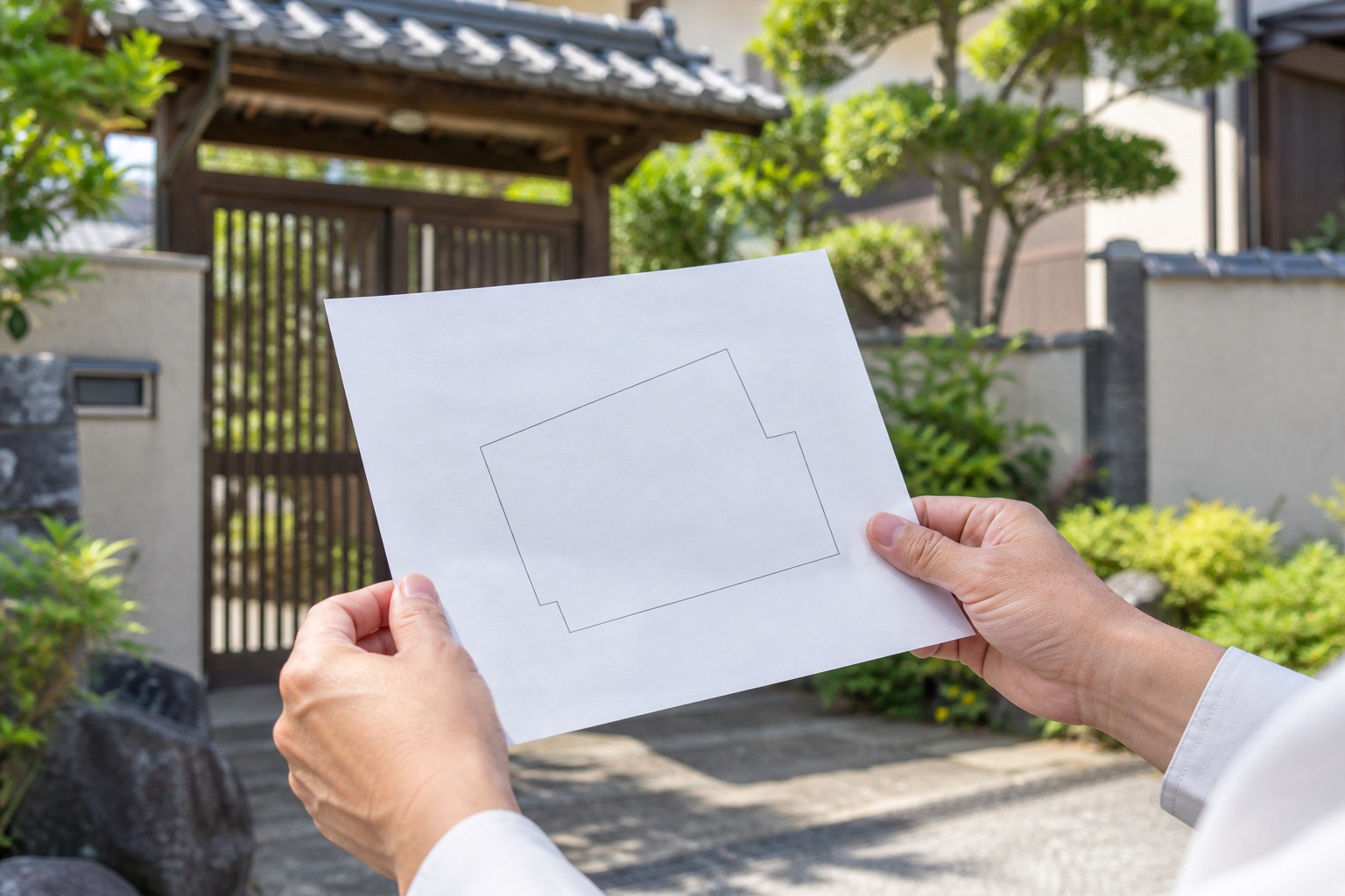 住宅の門の前で、敷地の輪郭だけを描いた紙を手に確認するイメージ写真