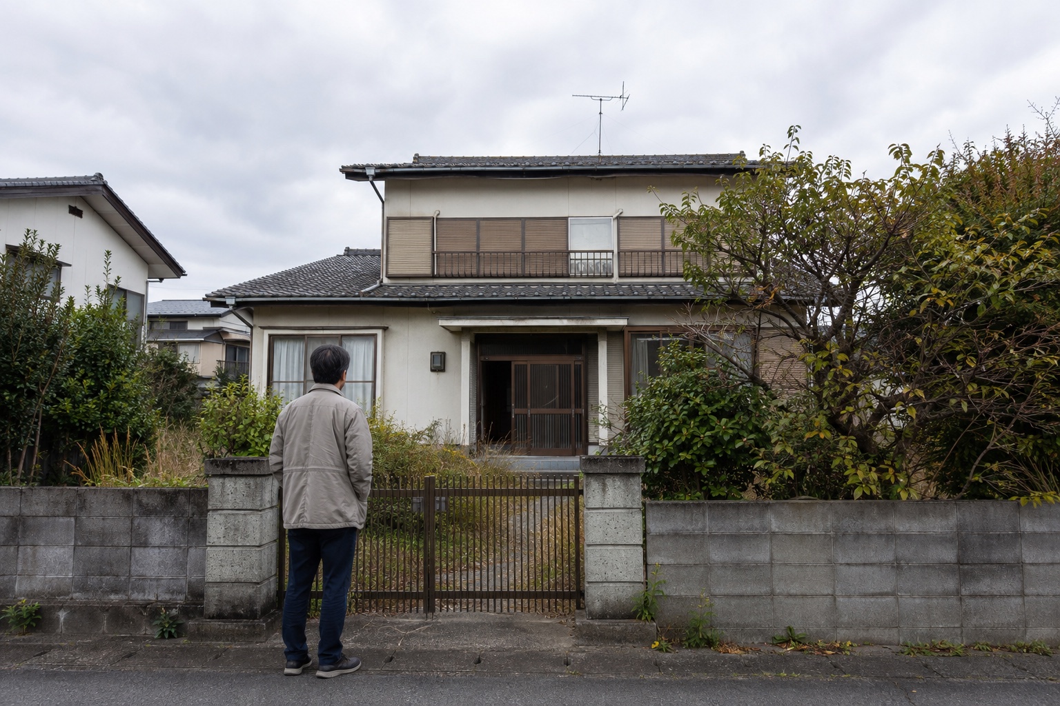 庭の手入れが止まった古い実家を門の外から見つめる人