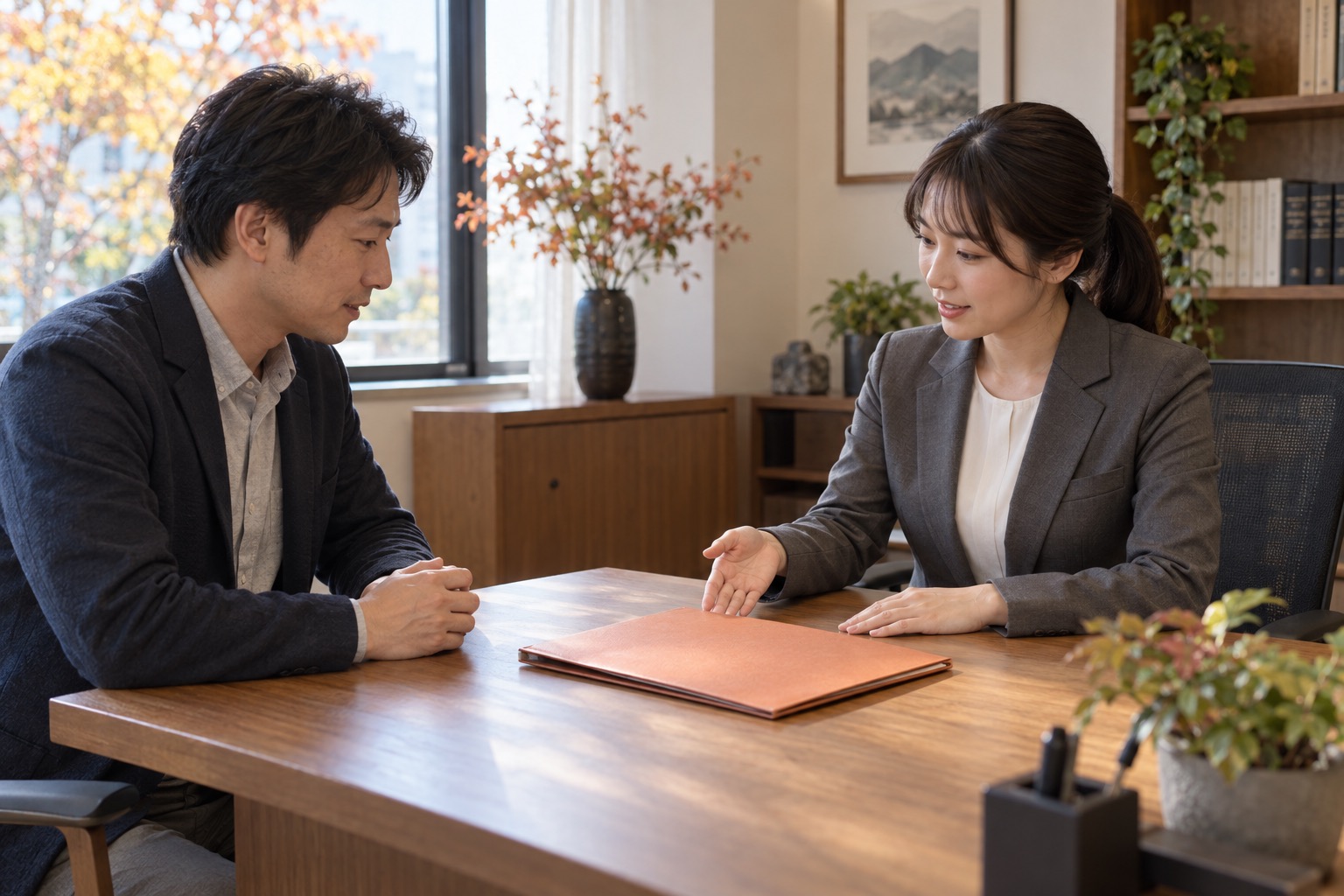 閉じたフォルダーを挟んで相談する成人2人。日本の相談室を想定した編集部イメージで、実在の専門家の写真ではありません。