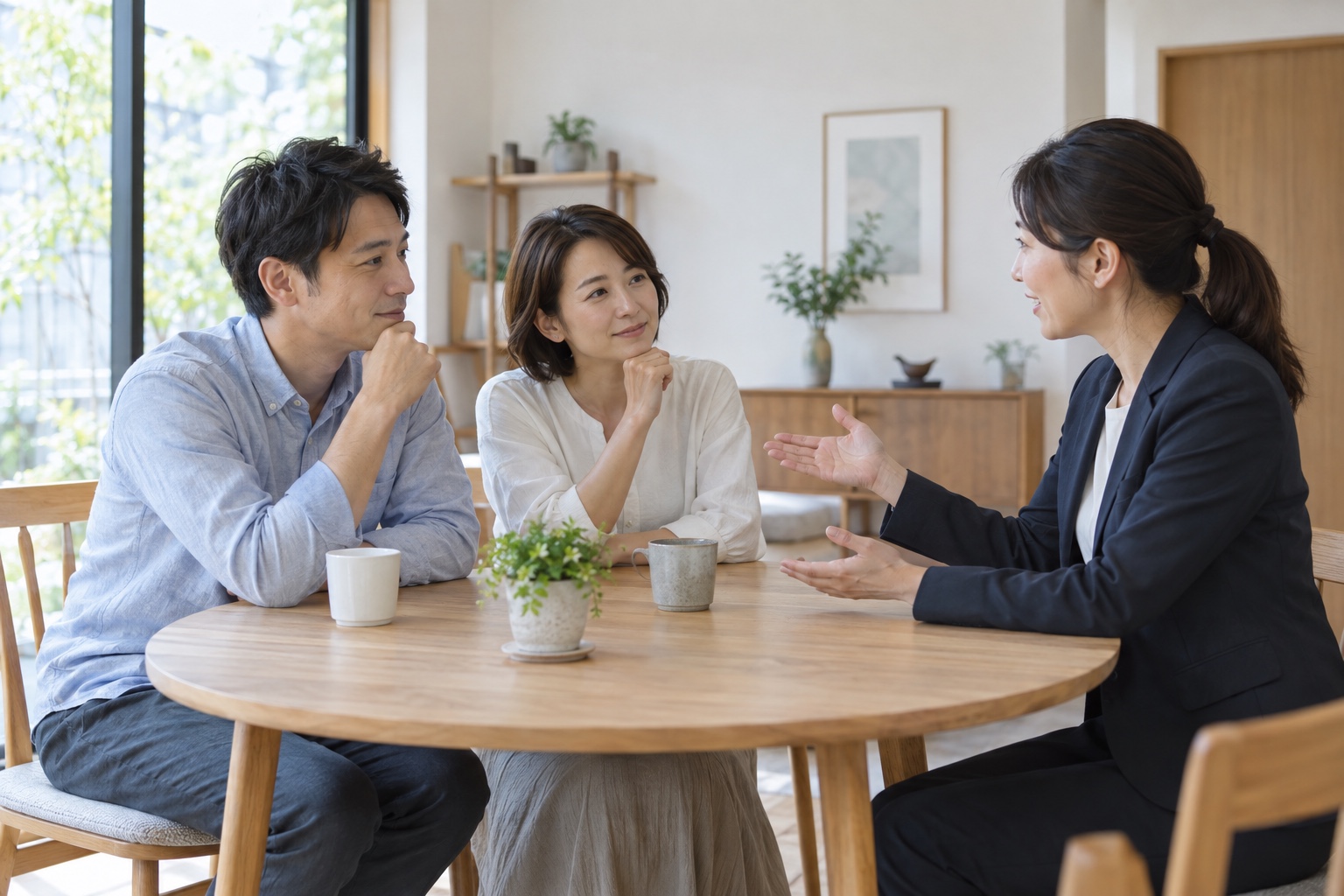 明るい相談室で家計と保障について話す夫婦と相談員