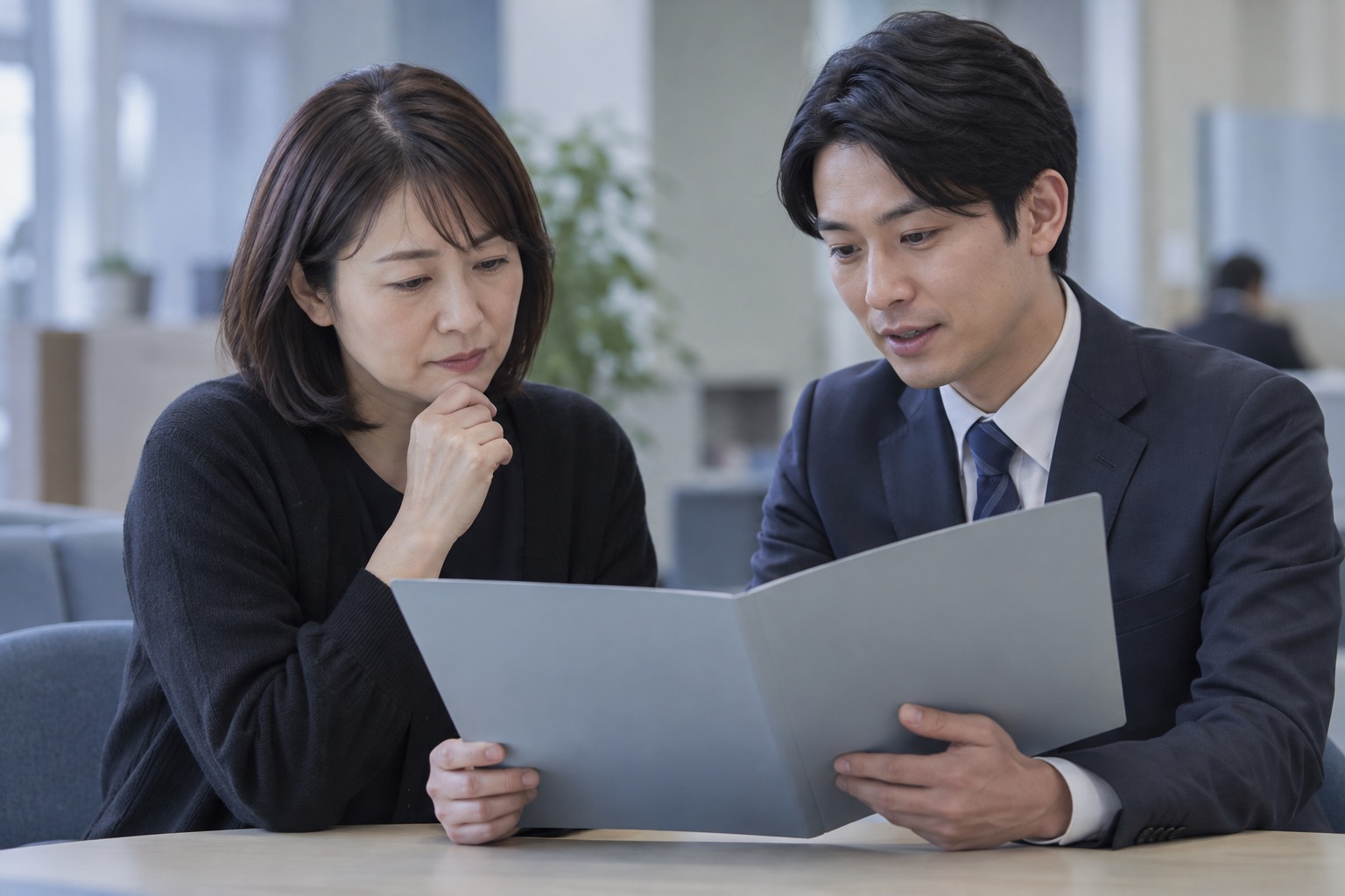 中立的な金融相談窓口で成人の相談者と担当者が一冊の無地フォルダーを確認するイメージ