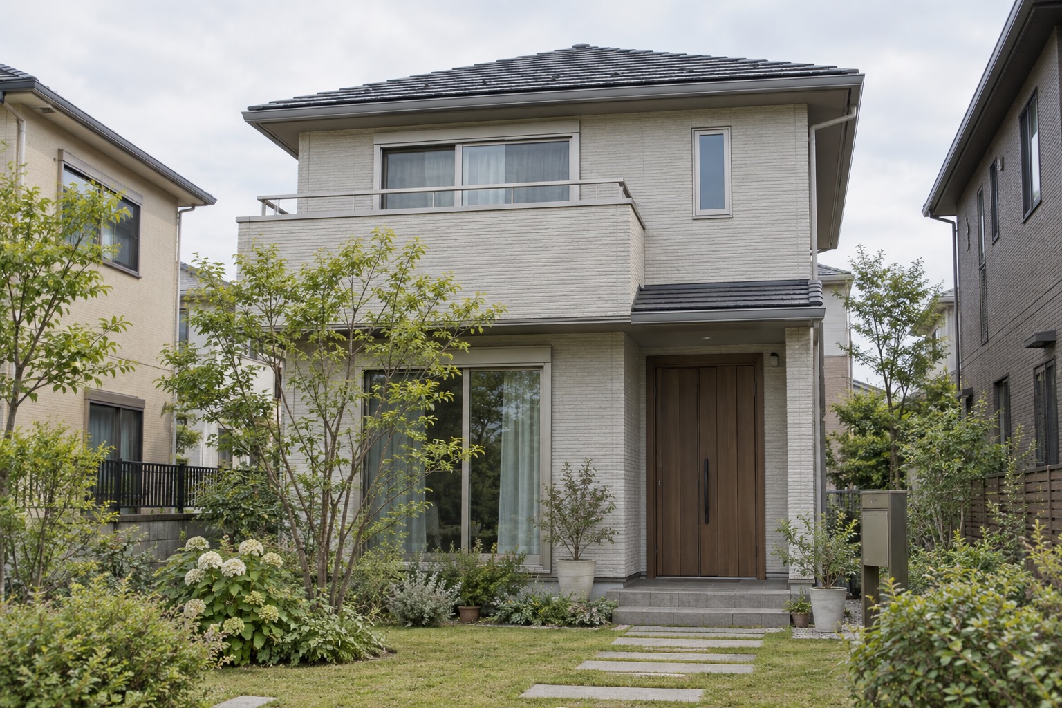 小さな前庭から見た日本の戸建て住宅。Money Now編集部イメージ