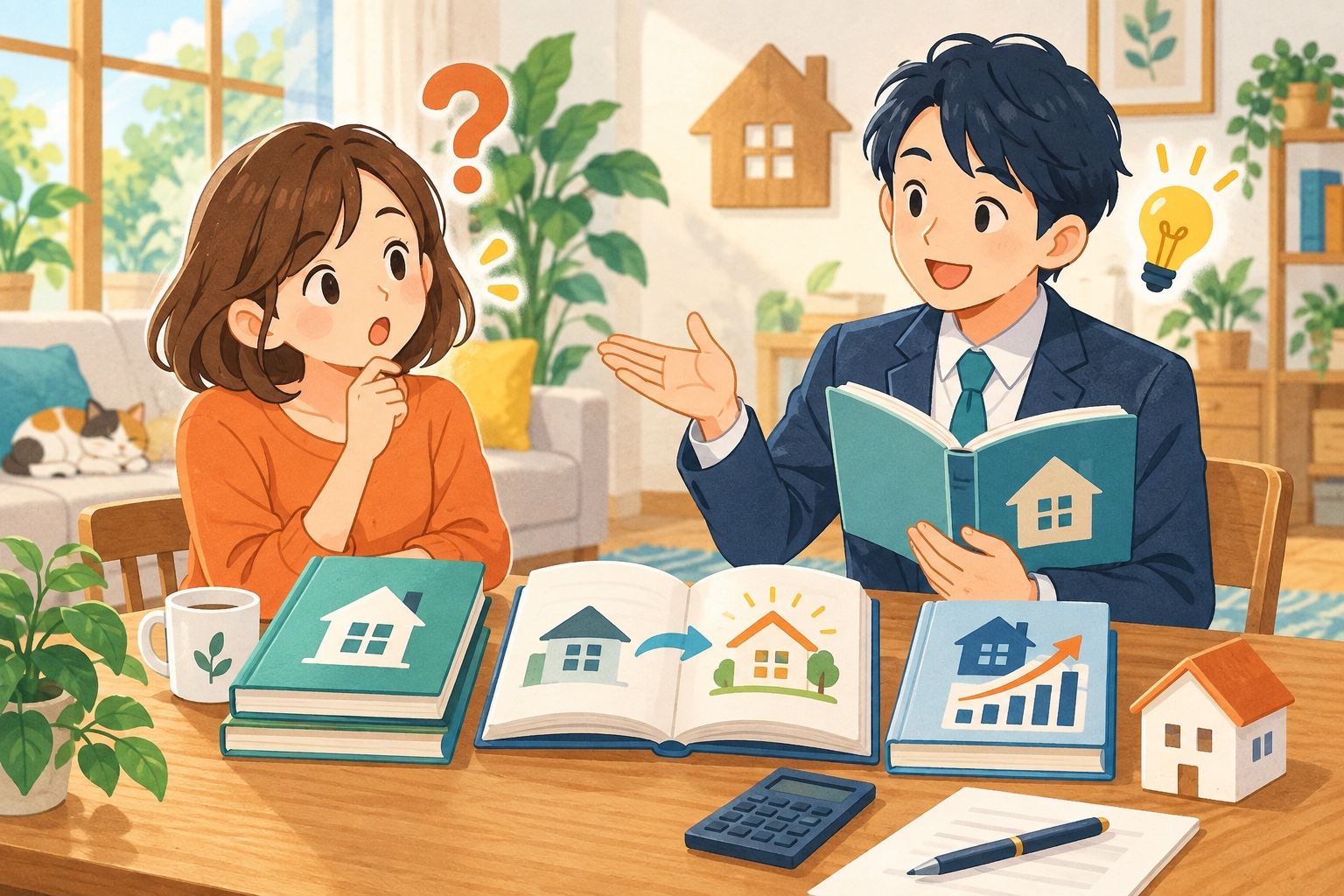 住宅ローンの本を前に相談する女性と案内役のイラスト