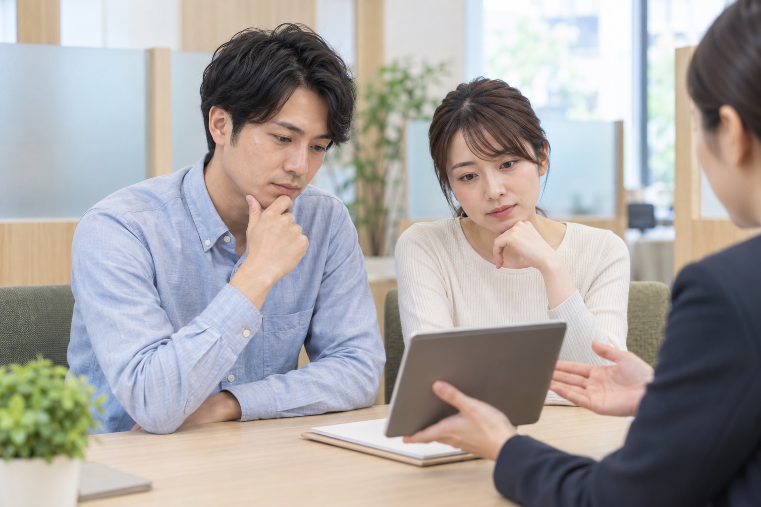 住宅ローン相談窓口でタブレットの返済計画を見る日本の若い夫婦
