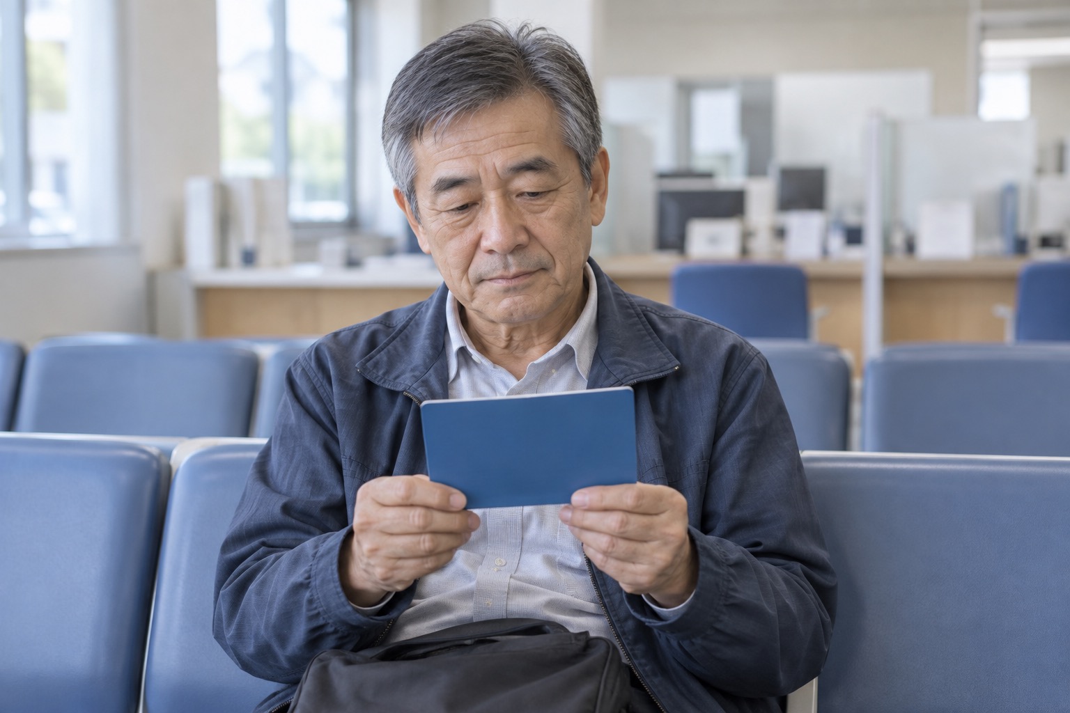 公共窓口の待合席で青い通帳を手に確認する60代の人物のイメージ写真