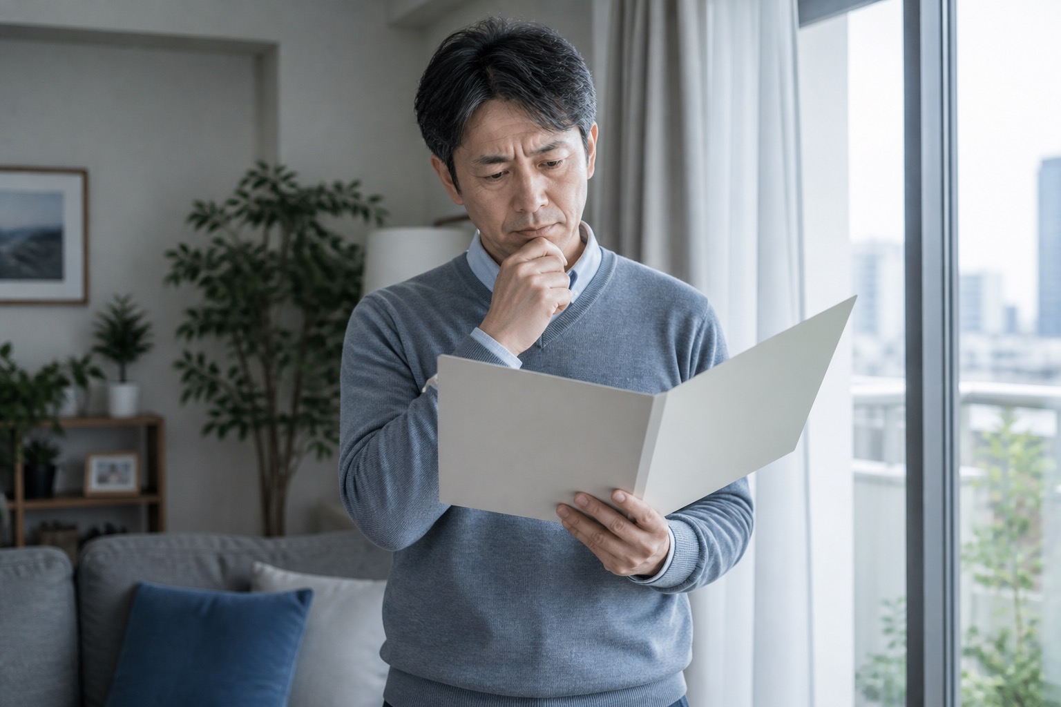 住居の窓際でフォルダーを確認する40代の人物。Money Now編集部の生成イメージ。
