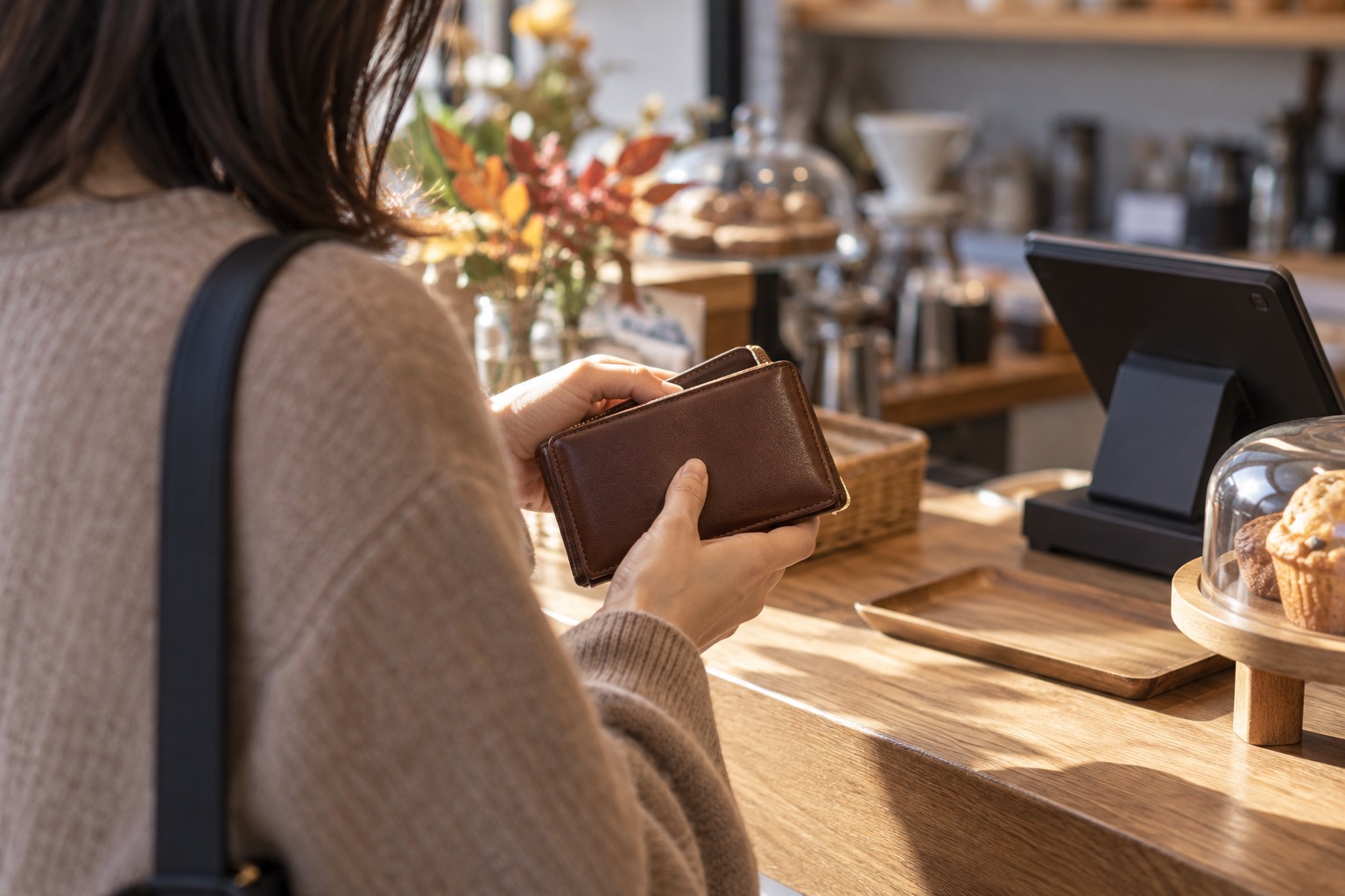 カフェの会計で一人の人物が財布を取り出す肩越しの編集イメージ。特定店舗の写真ではありません。