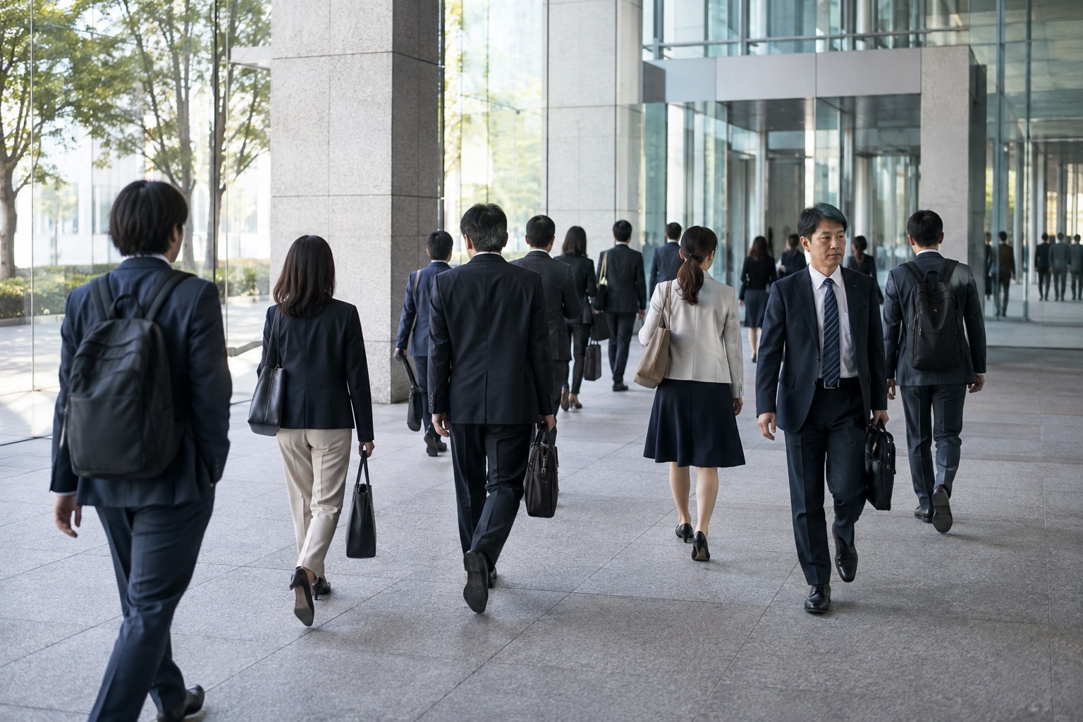 日本のオフィスビルのロビーを行き交う会社員たち