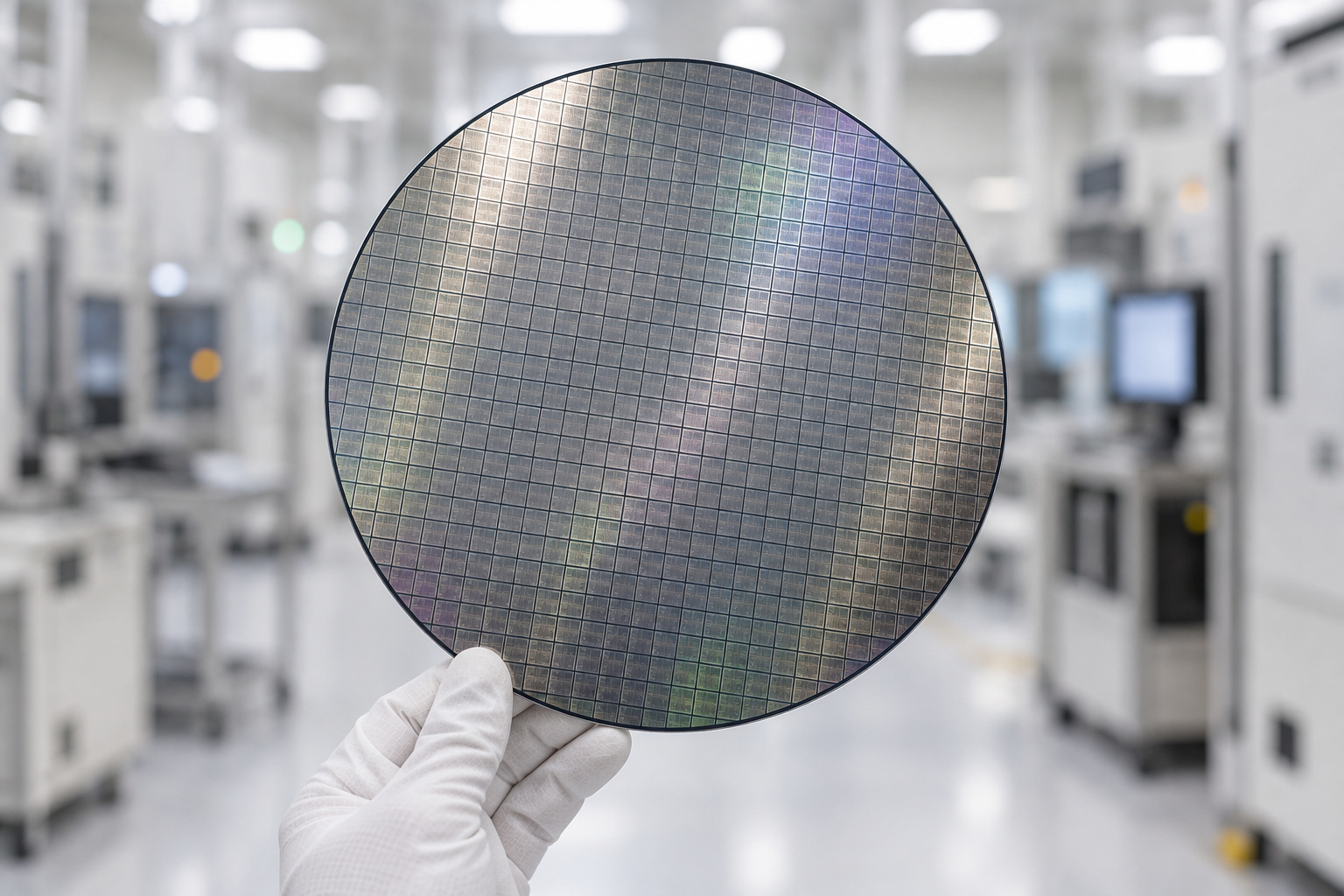 手袋をした手でシリコンウエハを支える、半導体製造の編集部イメージ（AI生成）