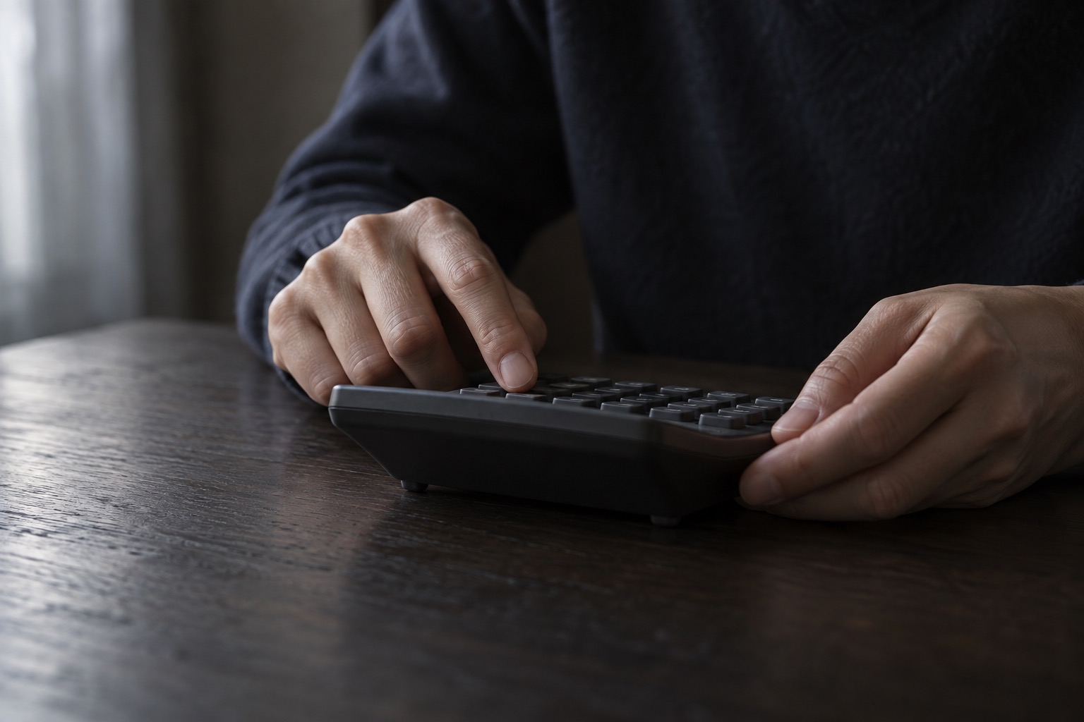 自宅のテーブルで電卓に指を置いて予算を考える手元。Money Now編集部の生成イメージ