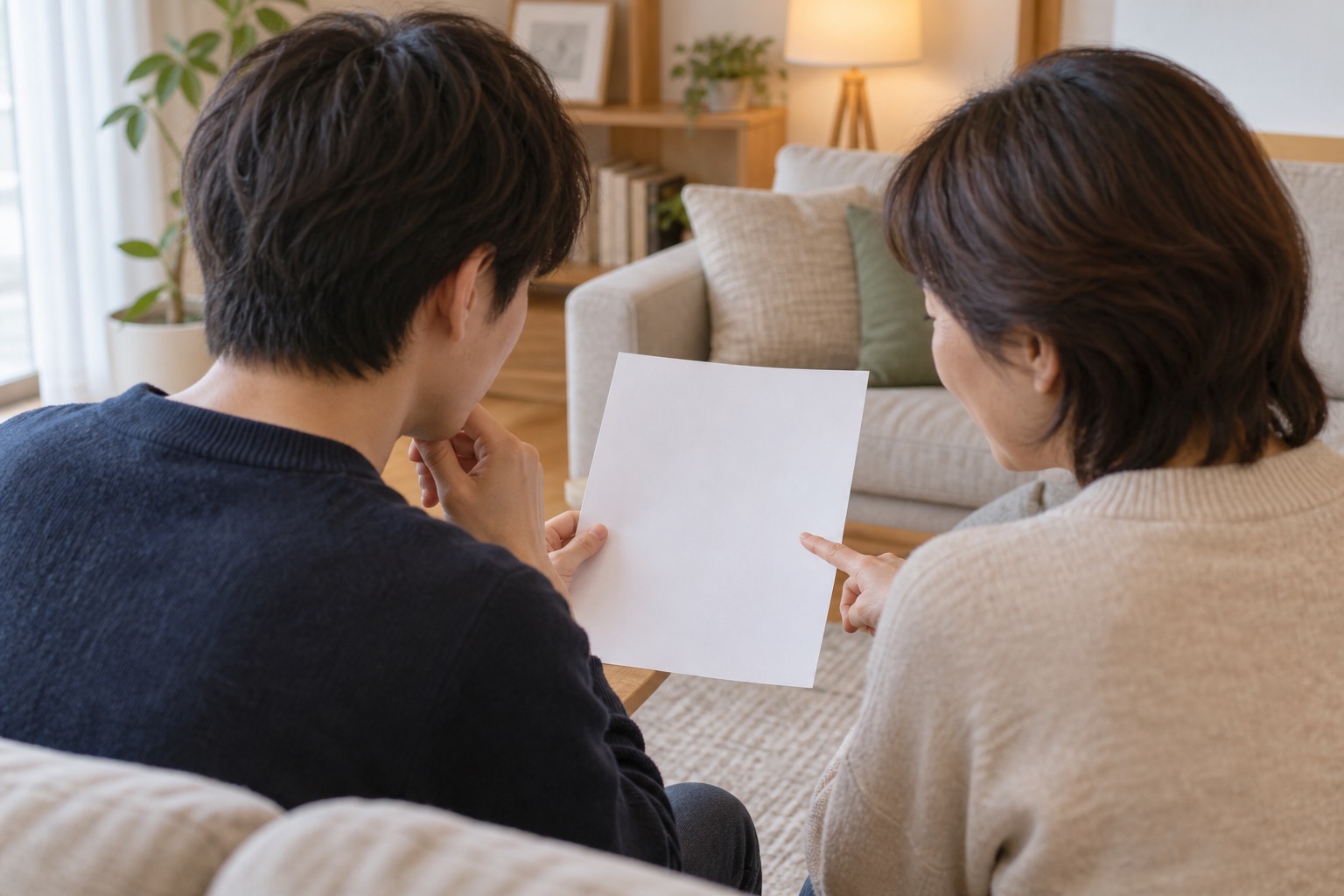 居間で無地の書類を手に相談する親と学生のイメージ
