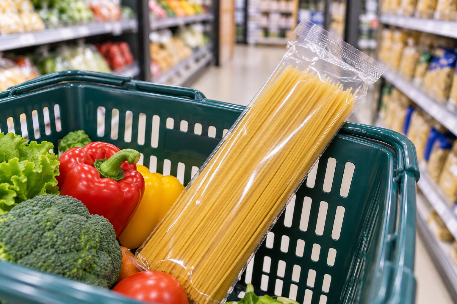 食品売場の買い物かごに入った無地の乾燥パスタ袋。特定商品の実物ではない編集部イメージ。