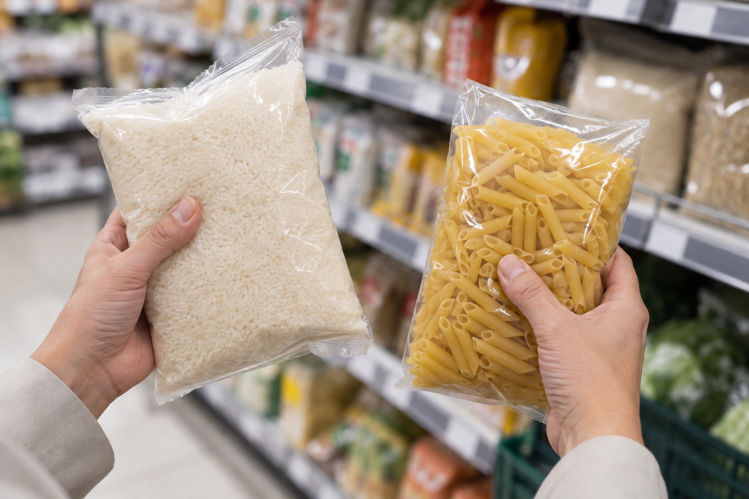 日本のスーパーで無地の米とパスタを手に取り比較する買い物客の手元を写した編集部イメージ