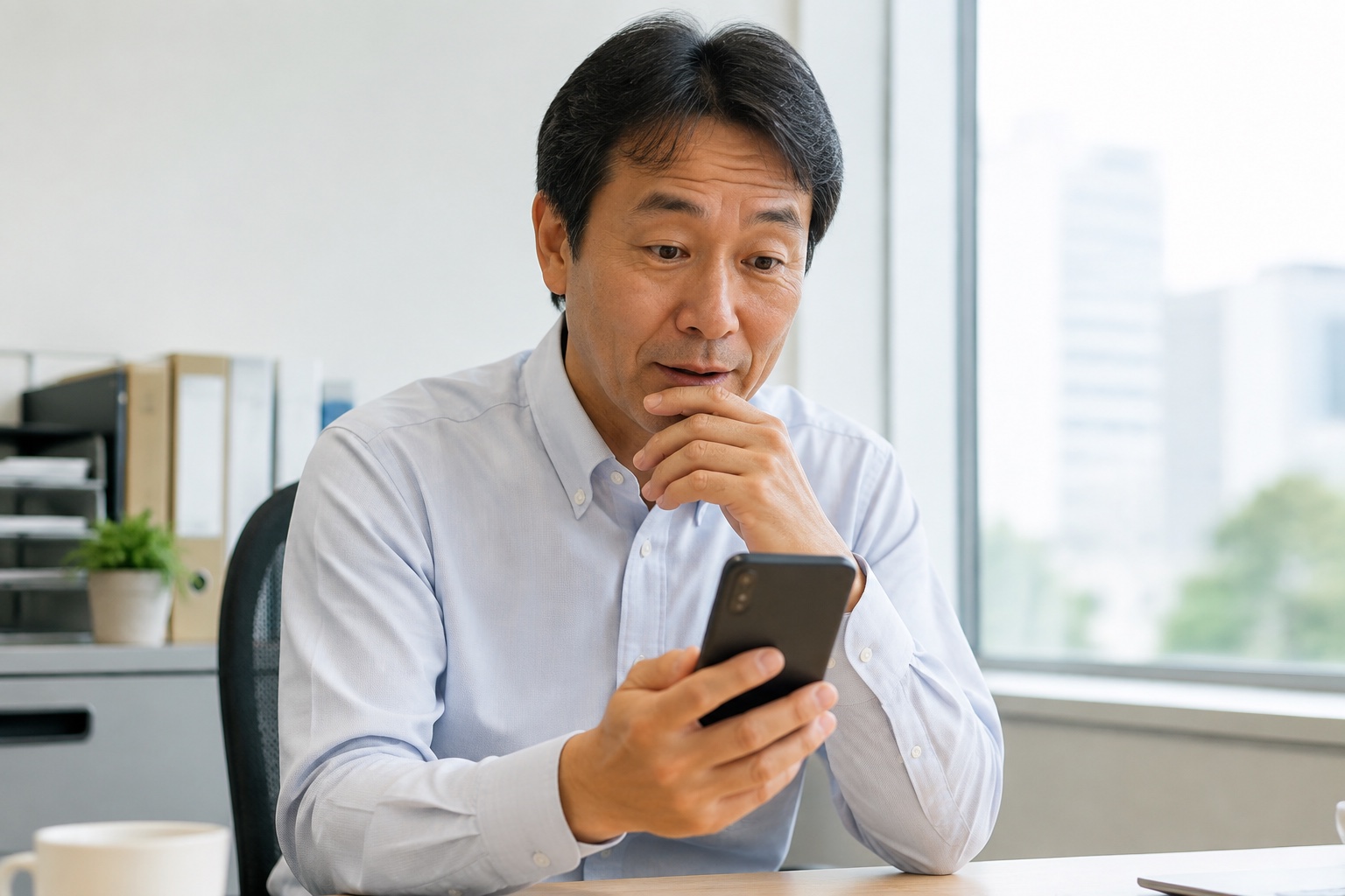 オフィスでスマートフォンの資産画面を確認する中年の会社員