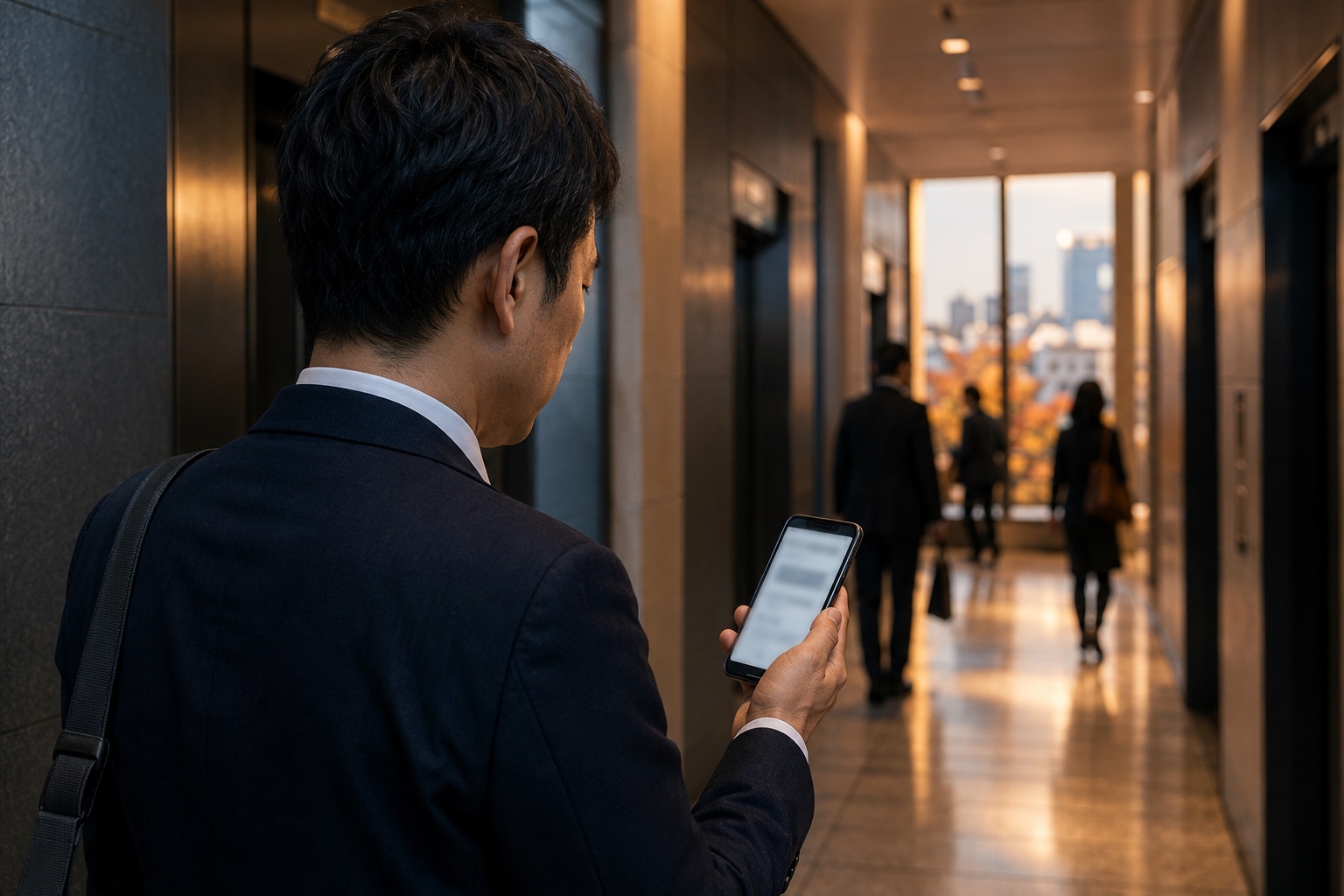 初秋のオフィスでスマートフォンの給与情報を確認する会社員