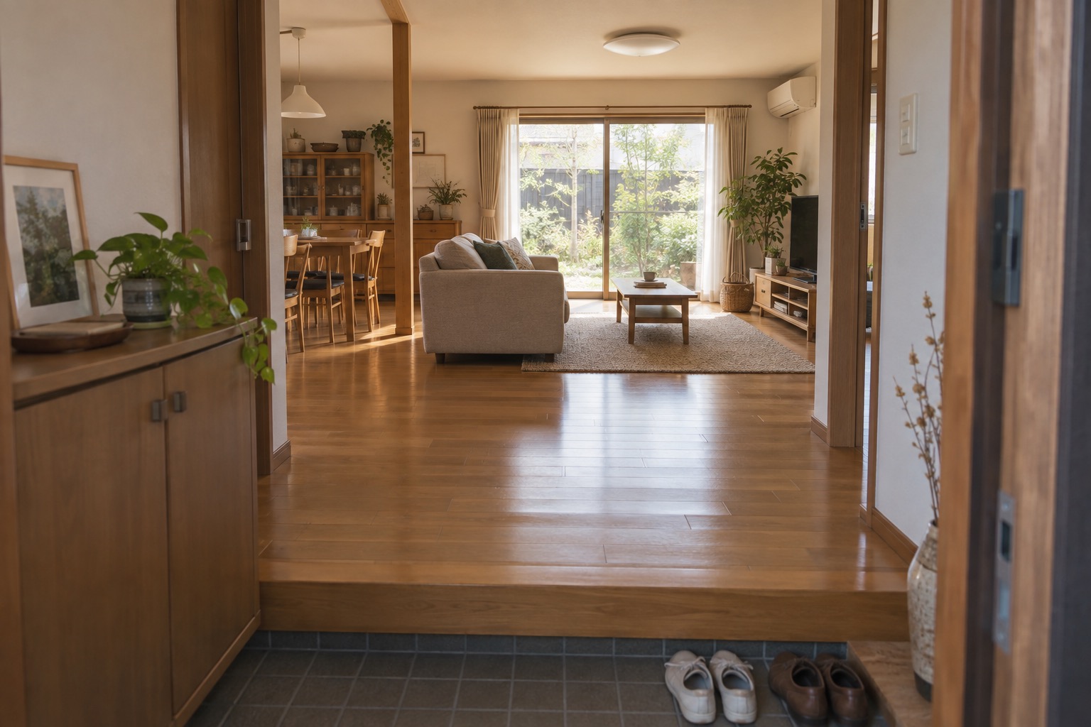 人のいない日本の住宅の玄関から、家具のある居間を見渡した編集部イメージ