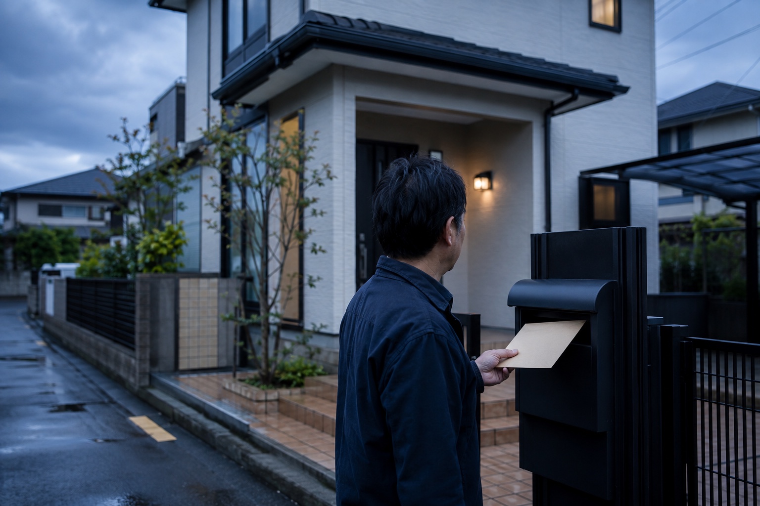夕方の自宅前で郵便受けから住宅ローンの通知封筒を取り出す契約者