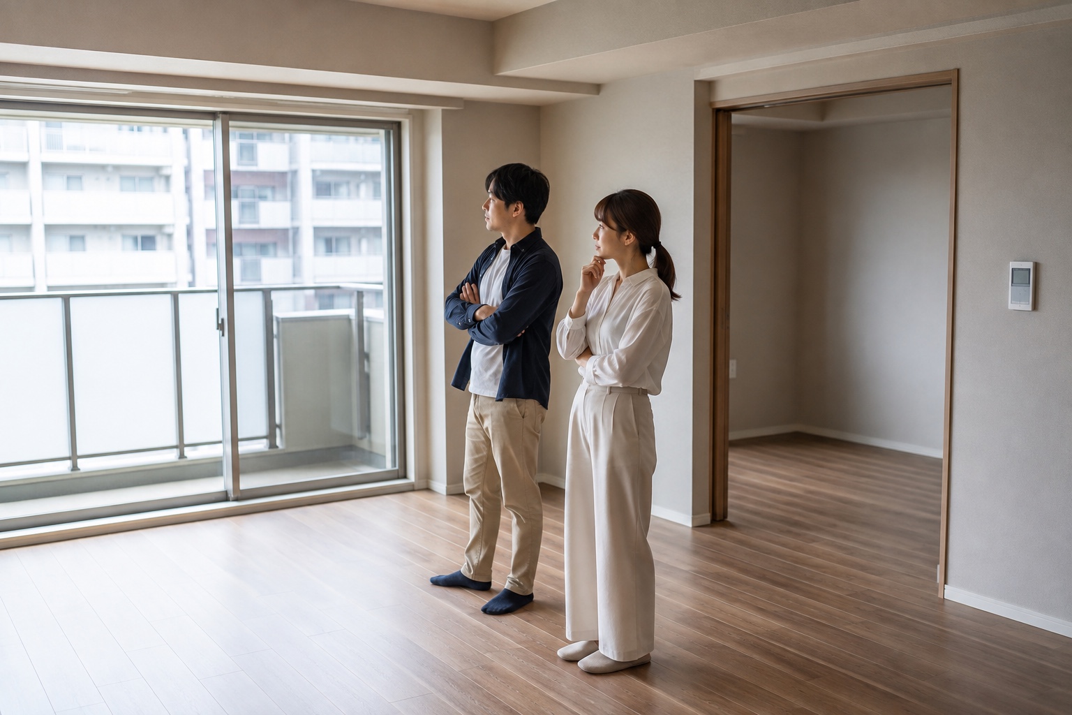 購入を検討する空室のマンションを二人で見渡す日本の若い夫婦