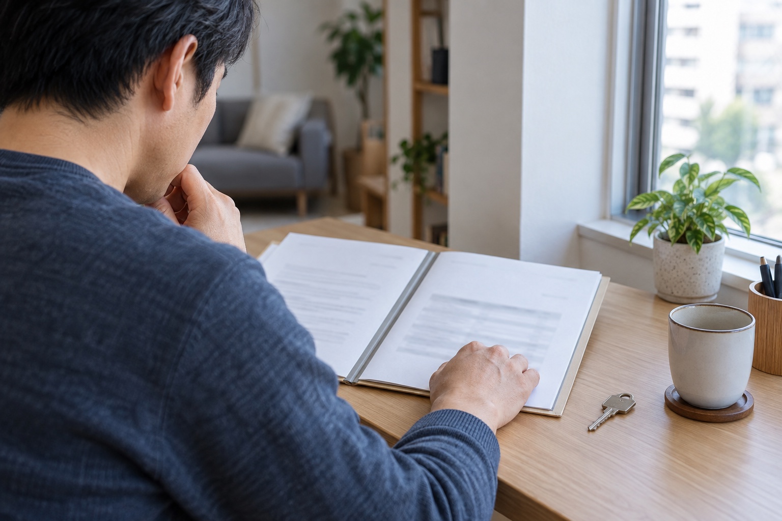 窓辺のデスクで住宅ローンの書類を確認する人と家の鍵。Money Now編集部イメージ
