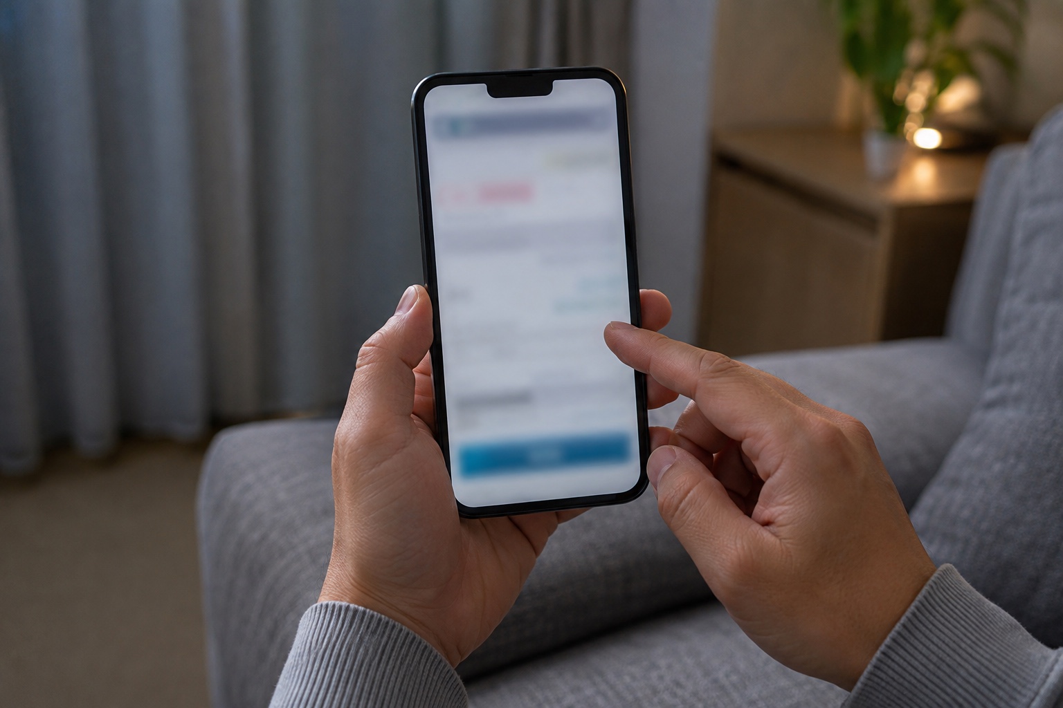 自宅のソファ脇で証券口座の注文前にスマートフォンを確認する利用者の手元