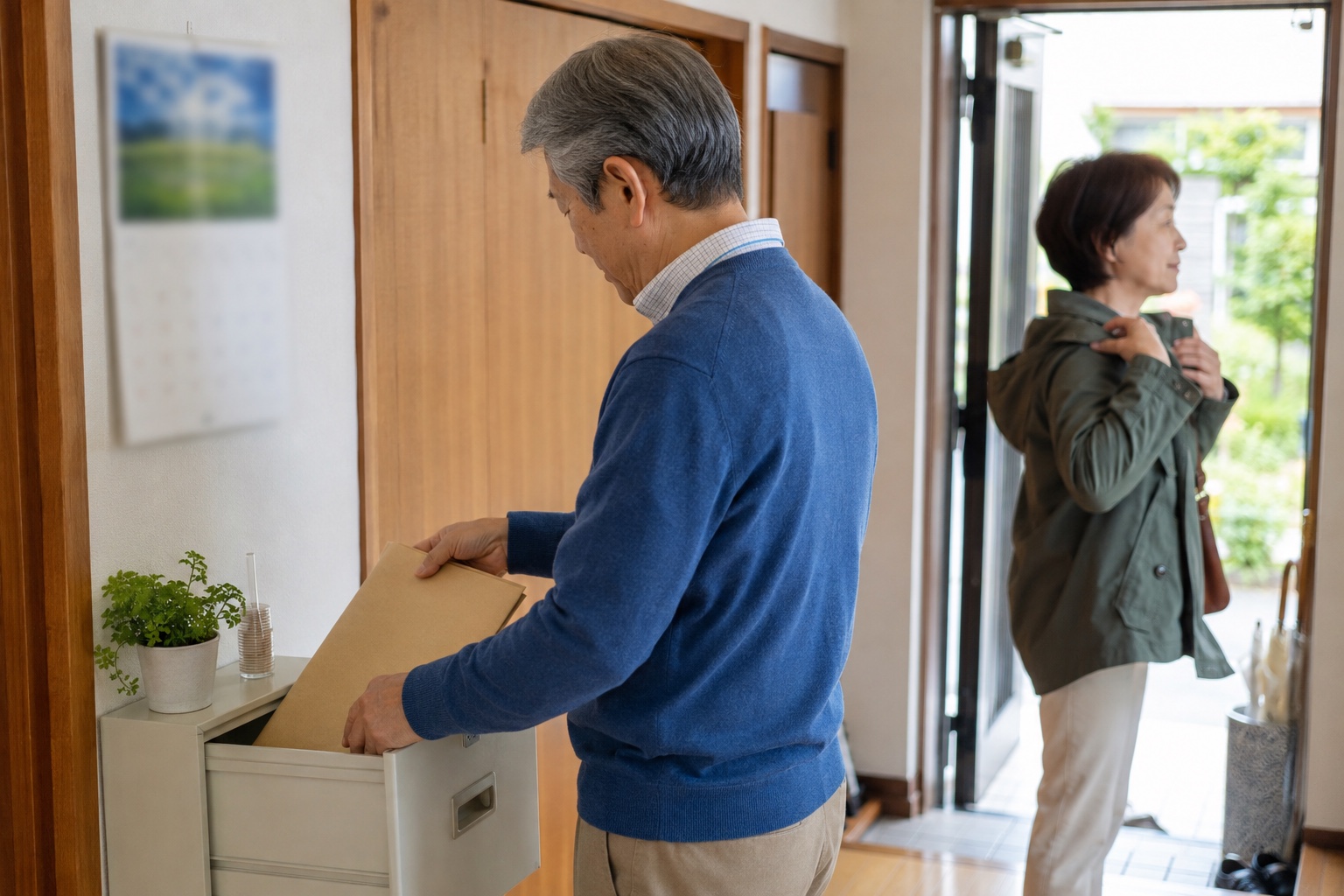 自宅の玄関で年金のフォルダーを片付ける夫と外出準備をする妻