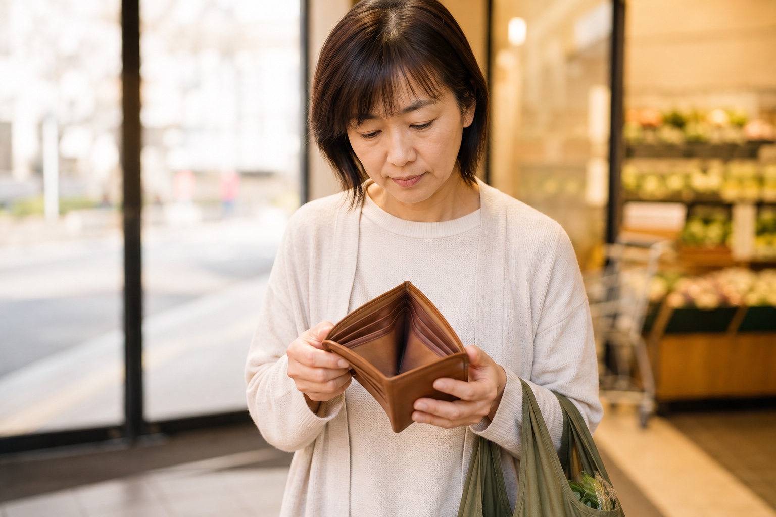 買い物後に店先で財布の中を確認する40代の女性