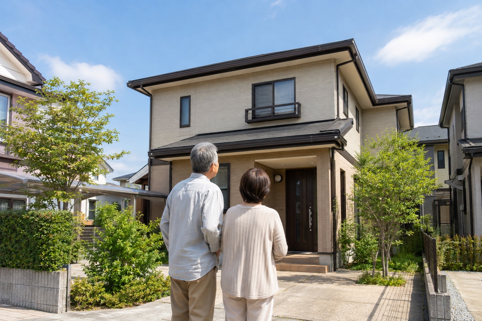 長年暮らした自宅の玄関前で建物を見上げるシニア夫婦