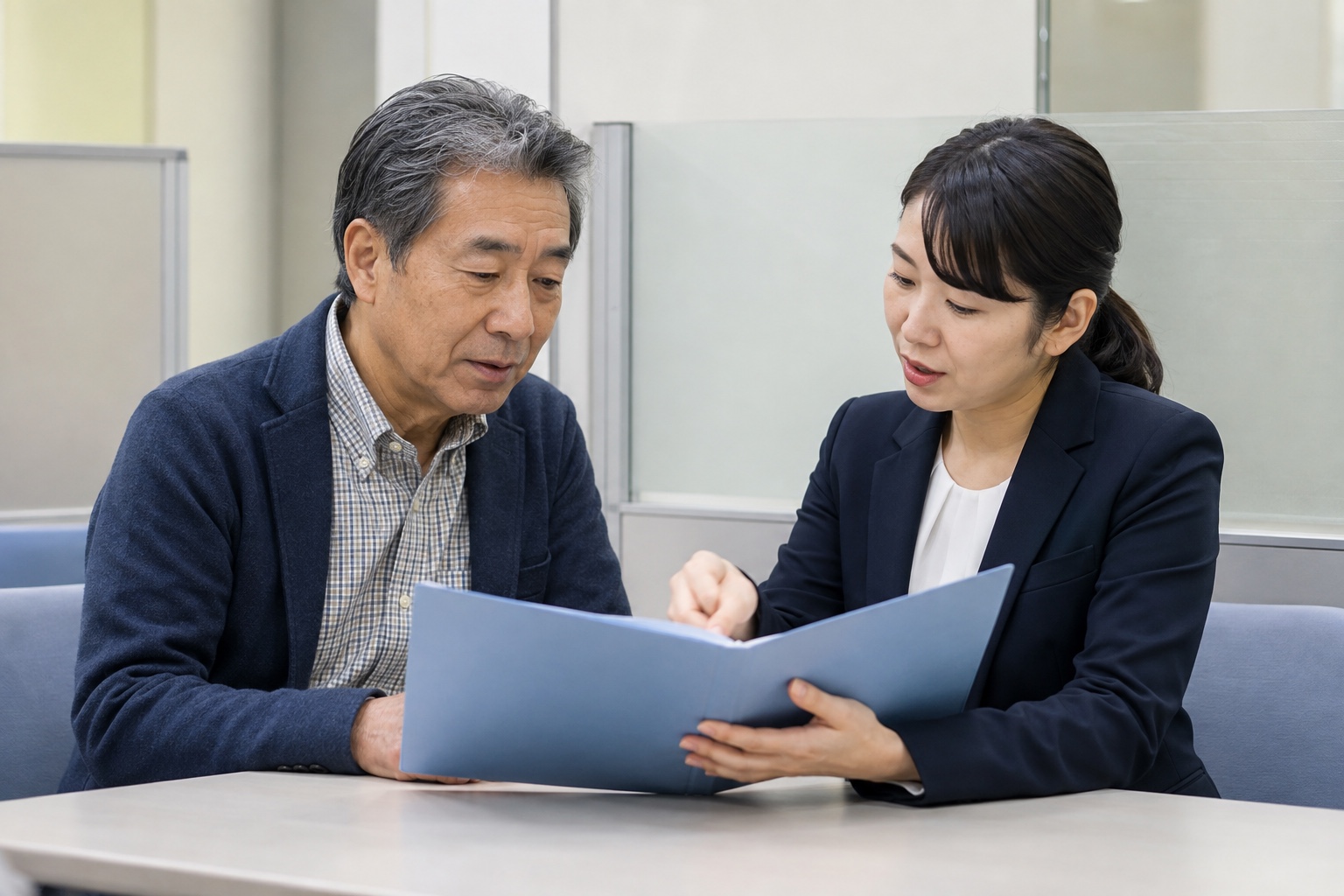 公共相談窓口で60代の相談者と担当者が無地の青いフォルダーを確認する様子